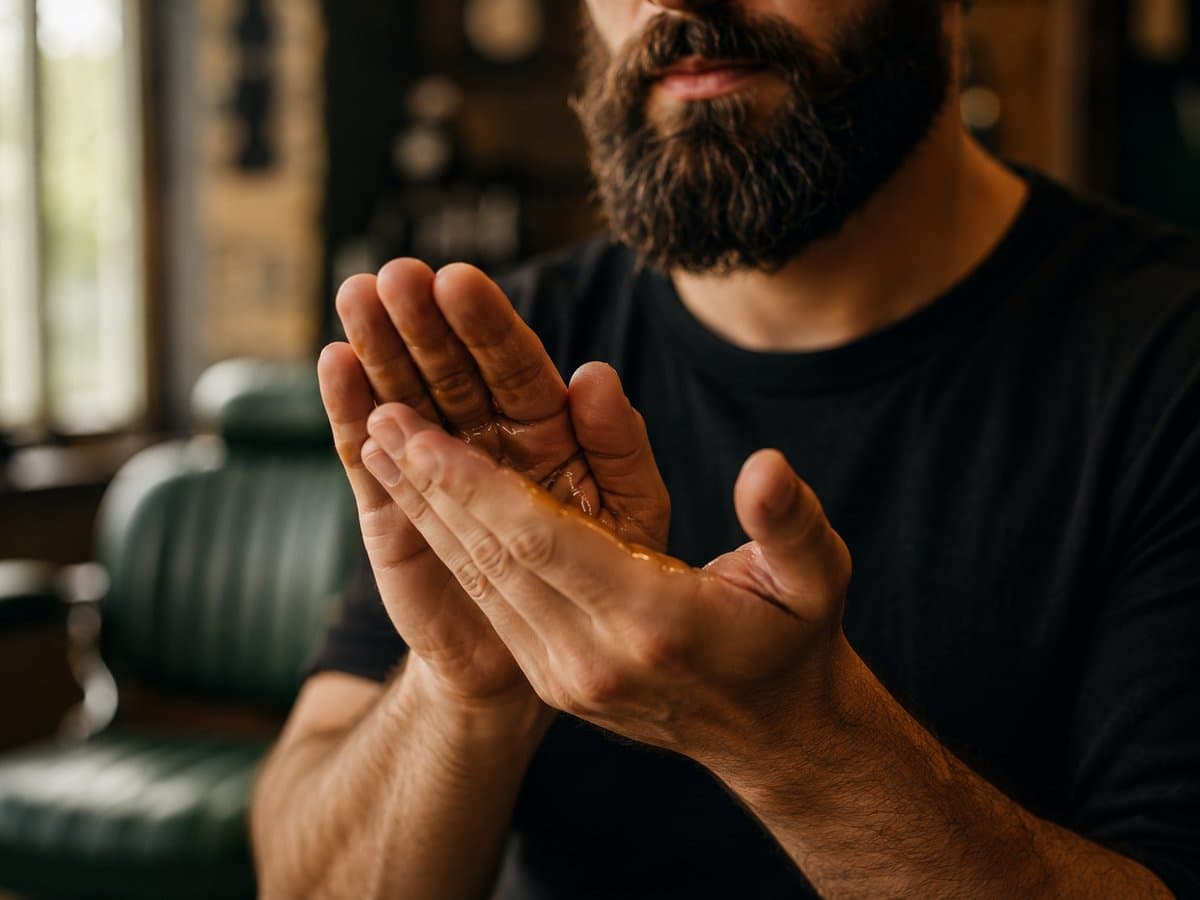 Barber warming beard oil between his palms before applying