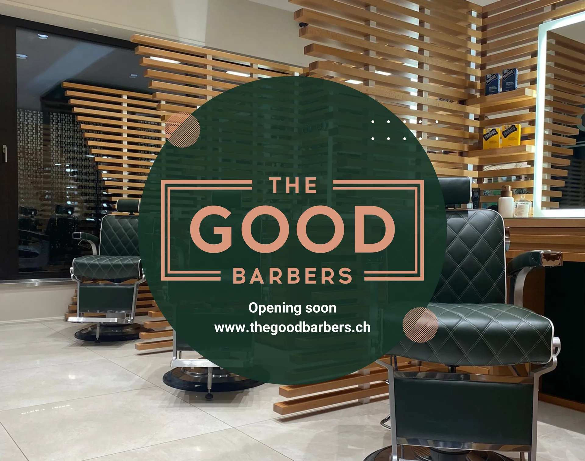 Interior of The Good Barbers Europaallee salon with wooden partitions and green barber chairs